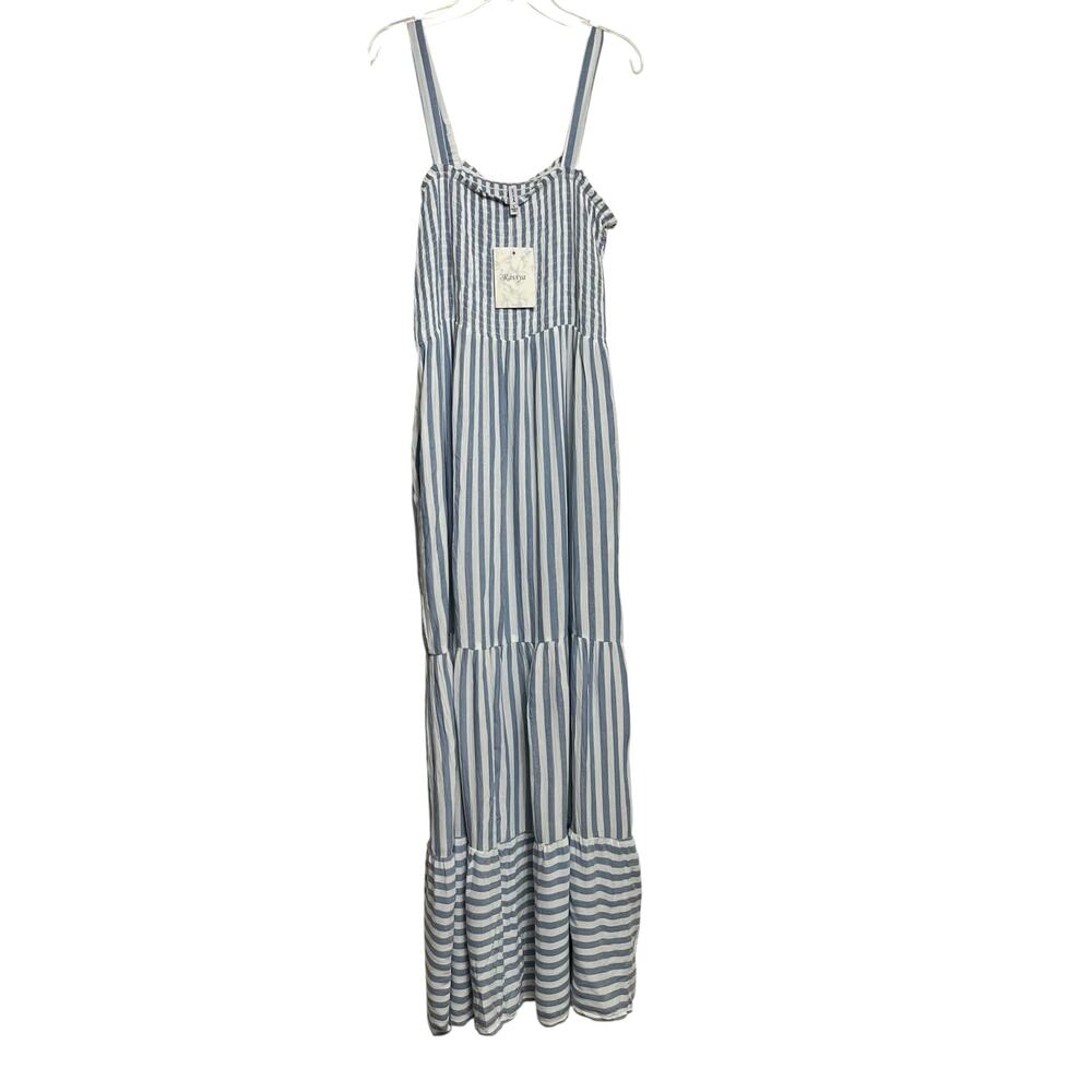 Raviya Blue and White‎ Striped Smocked Maxi Dress Beach Coastal - Large (2846) - Picture 2 of 5